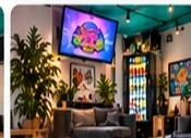 Artwork and seating inside Barrio 13