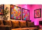 Artwork and seating inside Barrio 13